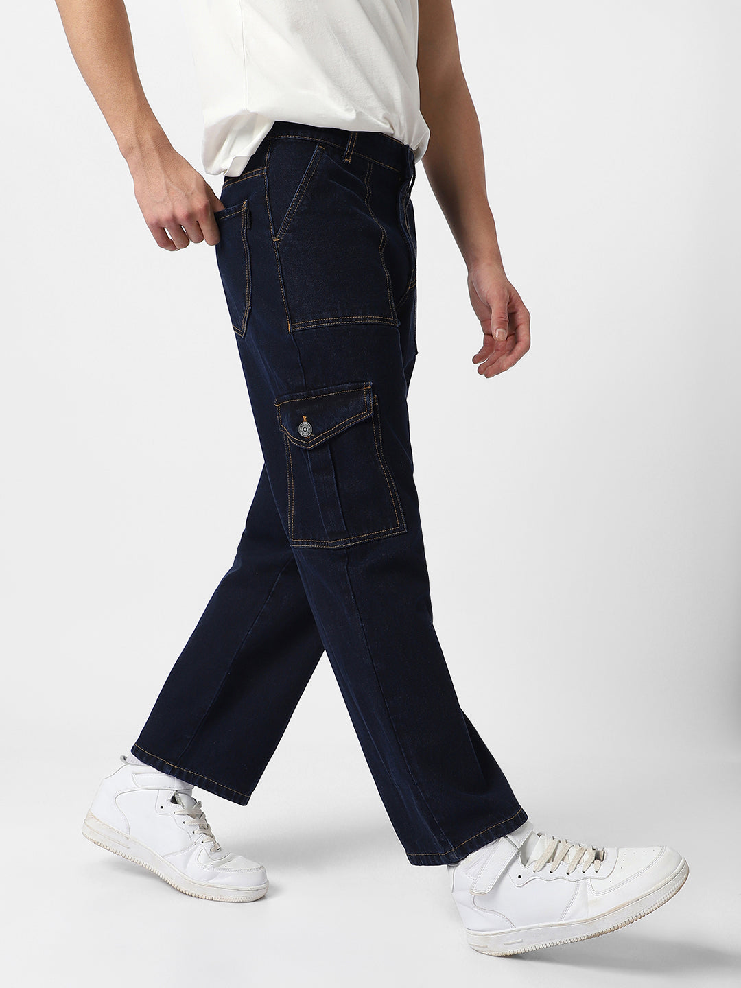 Men's Dark Blue Loose Fit Cargo Jeans with 6 Pockets Non-Stretchable