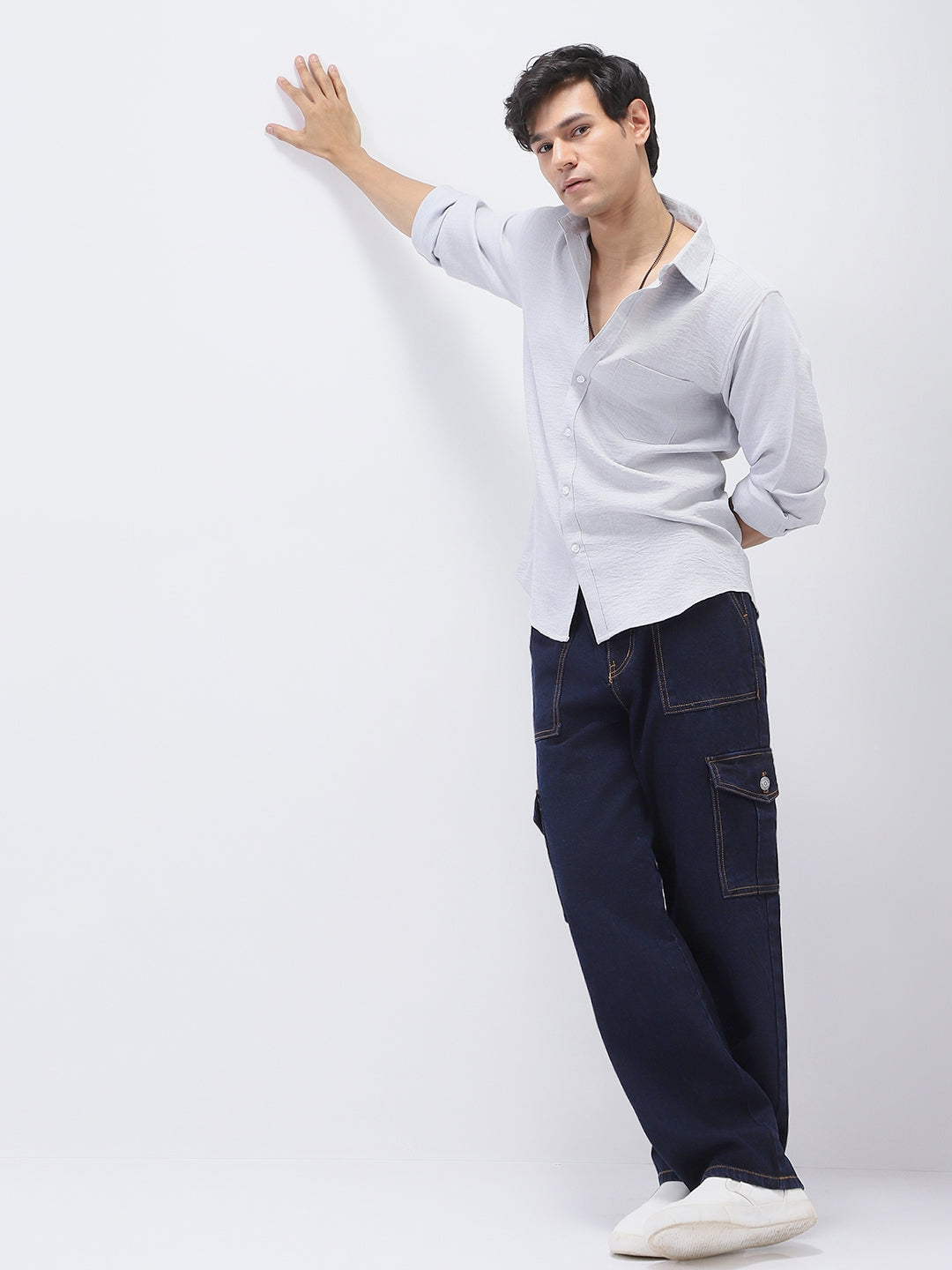 Men's Dark Blue Loose Fit Cargo Jeans with 6 Pockets Non-Stretchable