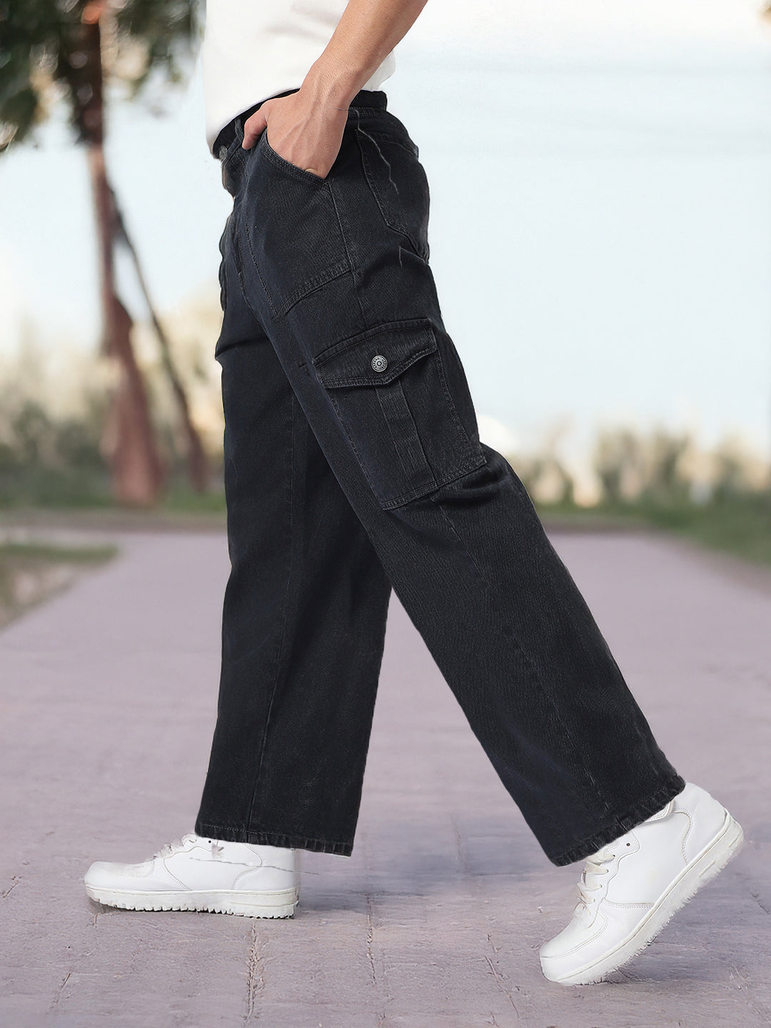 Men's Dark Grey Loose Fit Cargo Jeans with 6 Pockets Non-Stretchable