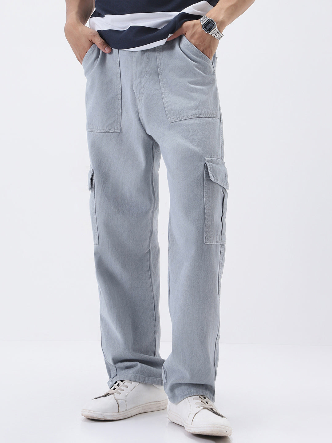 Men's Ice Grey Loose Fit Cargo Jeans with 6 Pockets Non-Stretchable
