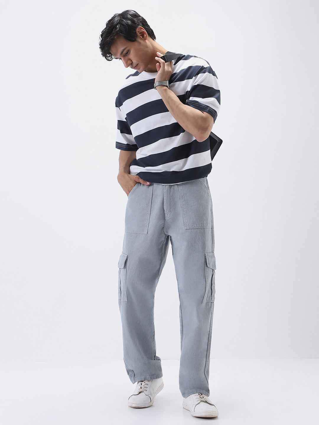 Men's Ice Grey Loose Fit Cargo Jeans with 6 Pockets Non-Stretchable