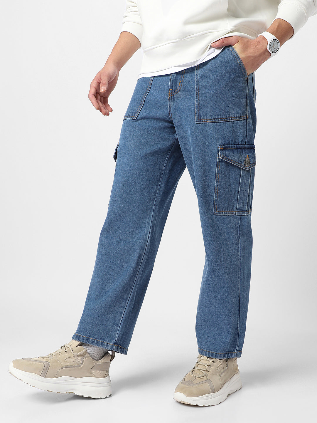 Men's Light Blue Loose Fit Cargo Jeans with 6 Pockets Non-Stretchable