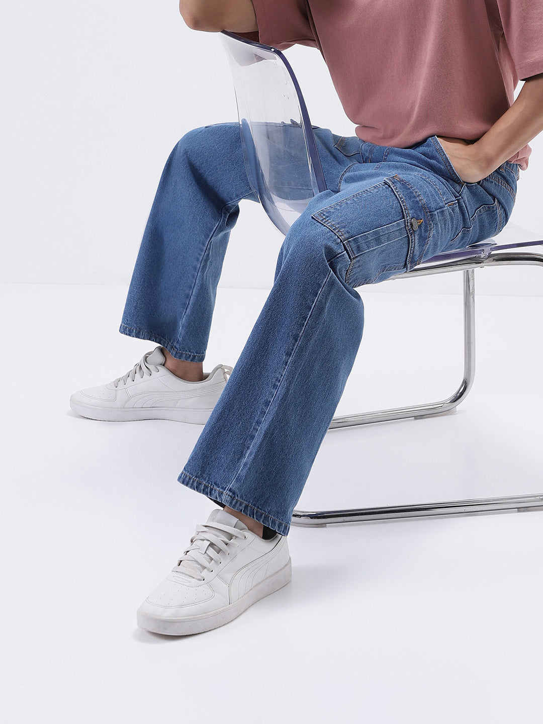 Men's Light Blue Loose Fit Cargo Jeans with 6 Pockets Non-Stretchable