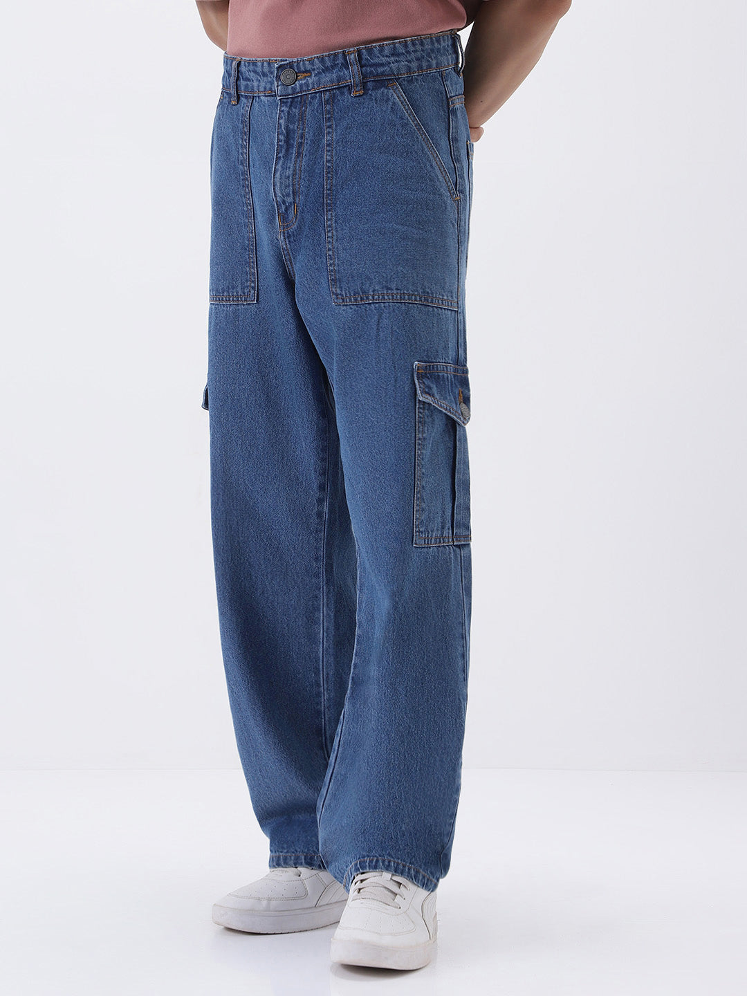 Men's Light Blue Loose Fit Cargo Jeans with 6 Pockets Non-Stretchable