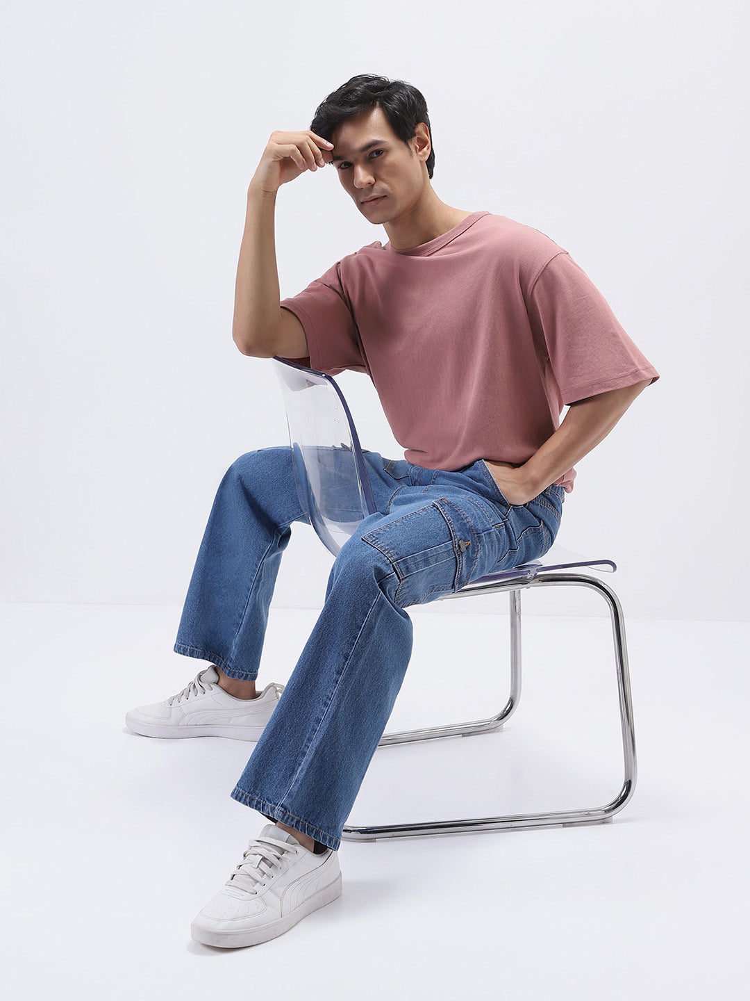 Men's Light Blue Loose Fit Cargo Jeans with 6 Pockets Non-Stretchable