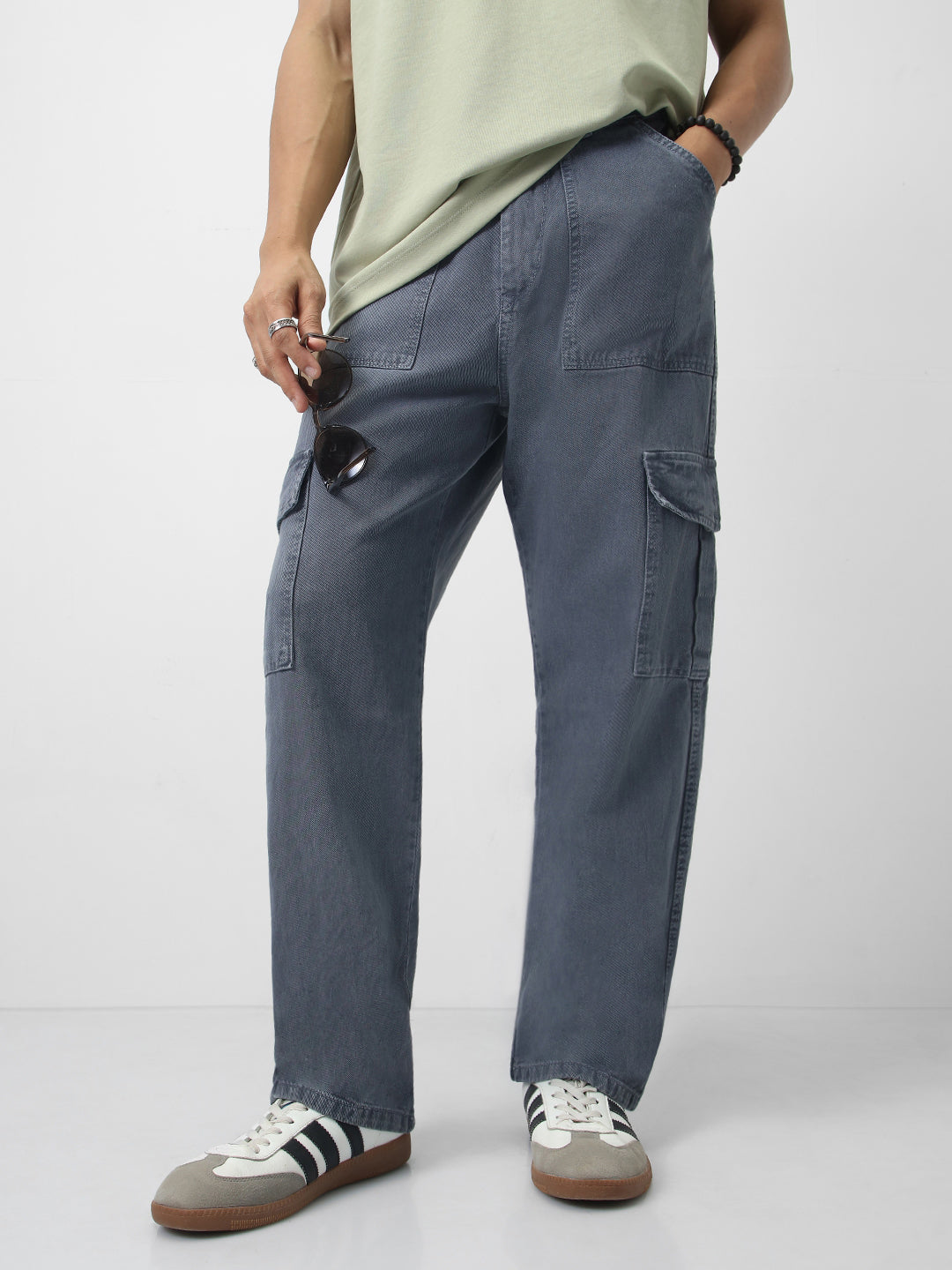 Men's Light Grey Loose Fit Cargo Jeans with 6 Pockets Non-Stretchable