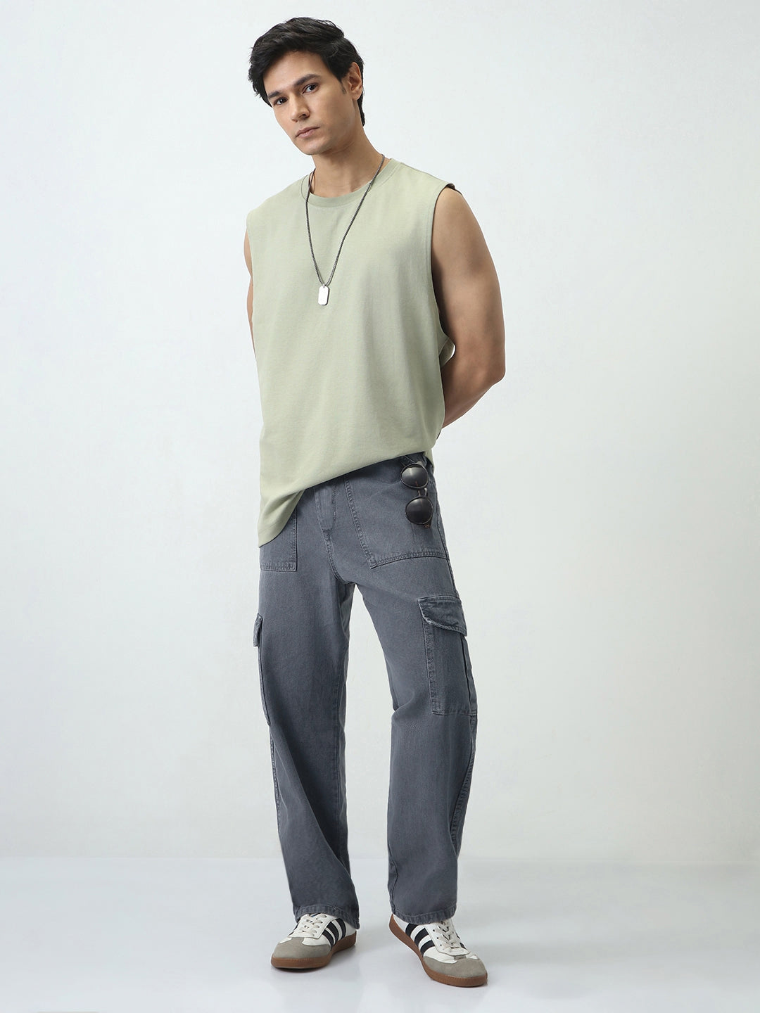 Men's Light Grey Loose Fit Cargo Jeans with 6 Pockets Non-Stretchable