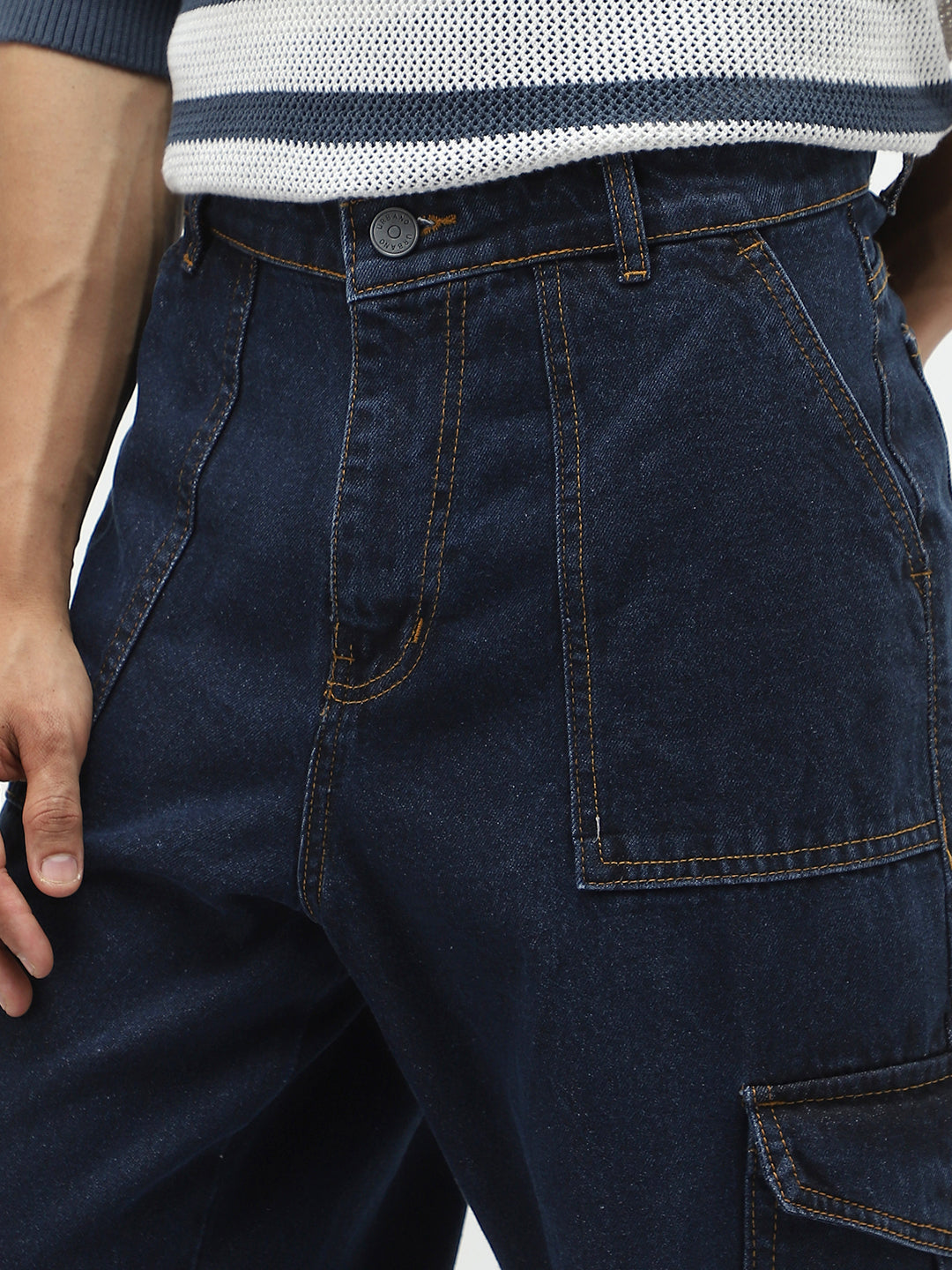 Men's Blue Loose Fit Cargo Jeans with 6 Pockets Non-Stretchable