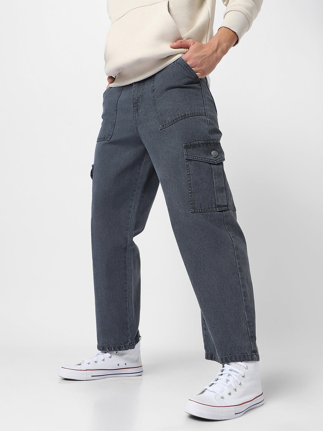 Men's Grey Loose Fit Cargo Jeans with 6 Pockets Non-Stretchable