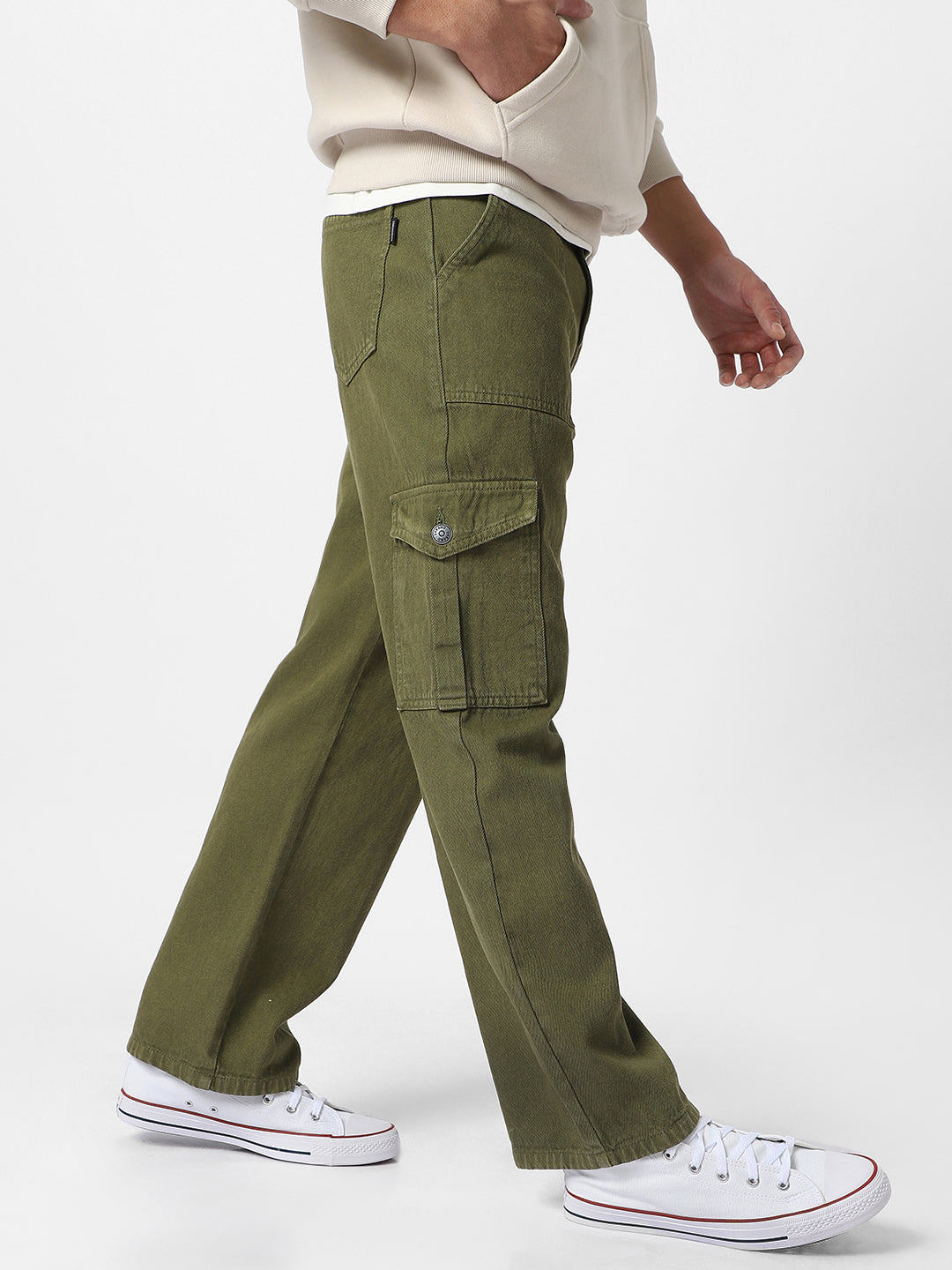 Men's Olive Green Loose Fit Cargo Jeans with 6 Pockets Non-Stretchable