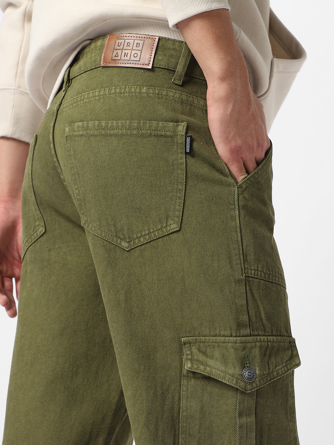 Men's Olive Green Loose Fit Cargo Jeans with 6 Pockets Non-Stretchable