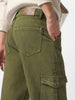 Men's Olive Green Loose Fit Cargo Jeans with 6 Pockets Non-Stretchable