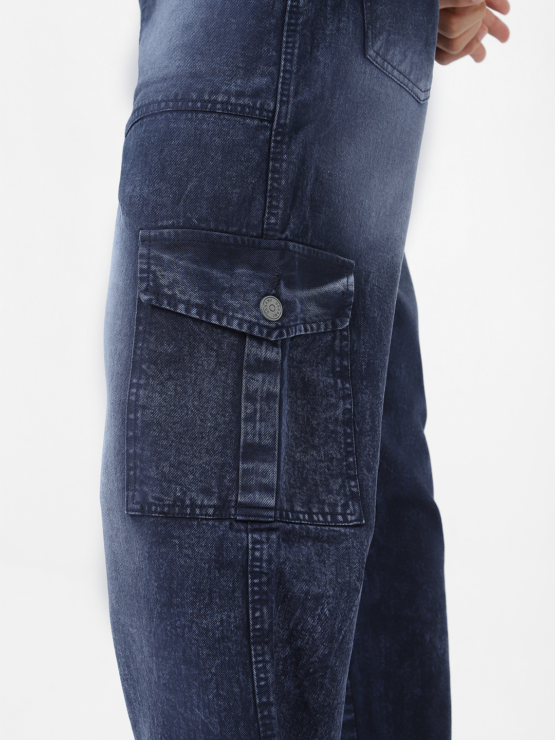Men's Navy Loose Baggy Fit Washed Cargo Jeans with 6 Pockets Non-Stretchable