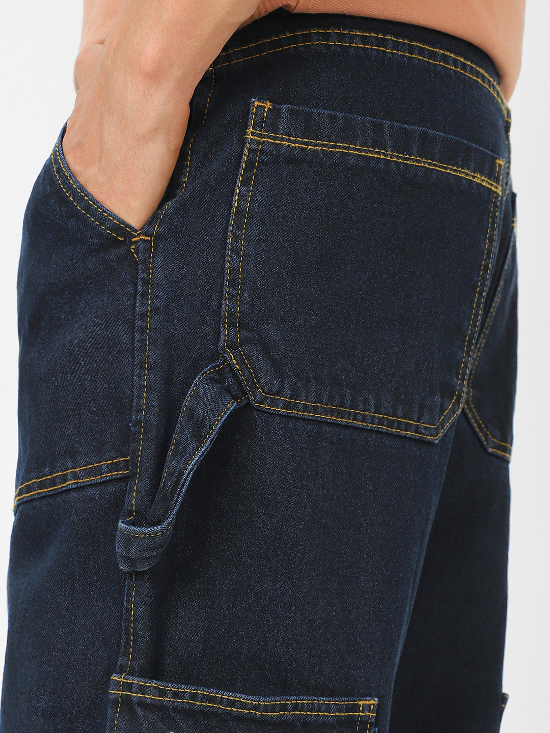 Men's Dark Blue Loose Fit Cargo Carpenter Jeans With 6 Pockets Non-Stretchable