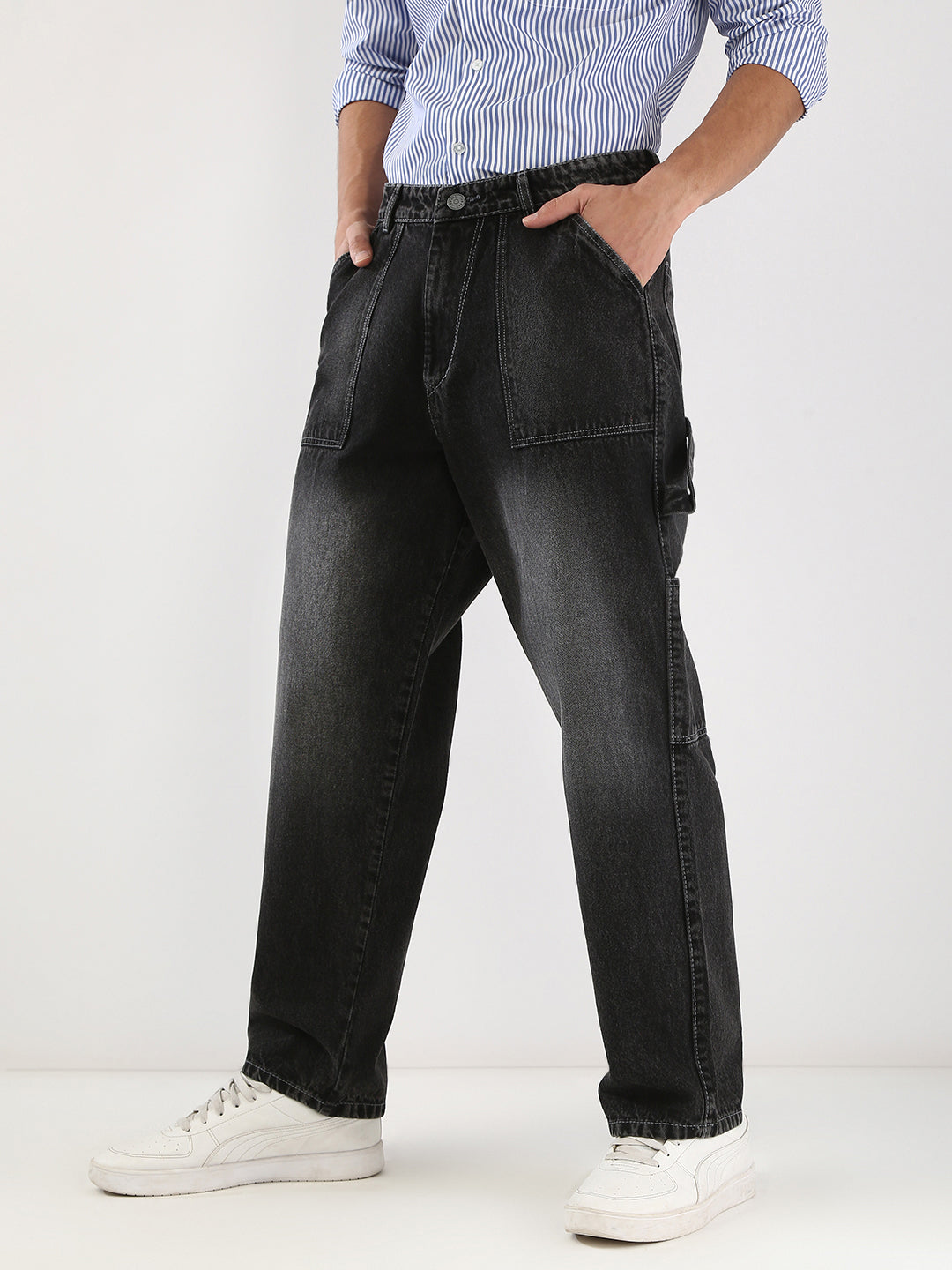 Men's Black Loose Fit Cargo Carpenter Jeans With 6 Pockets Non-Stretchable
