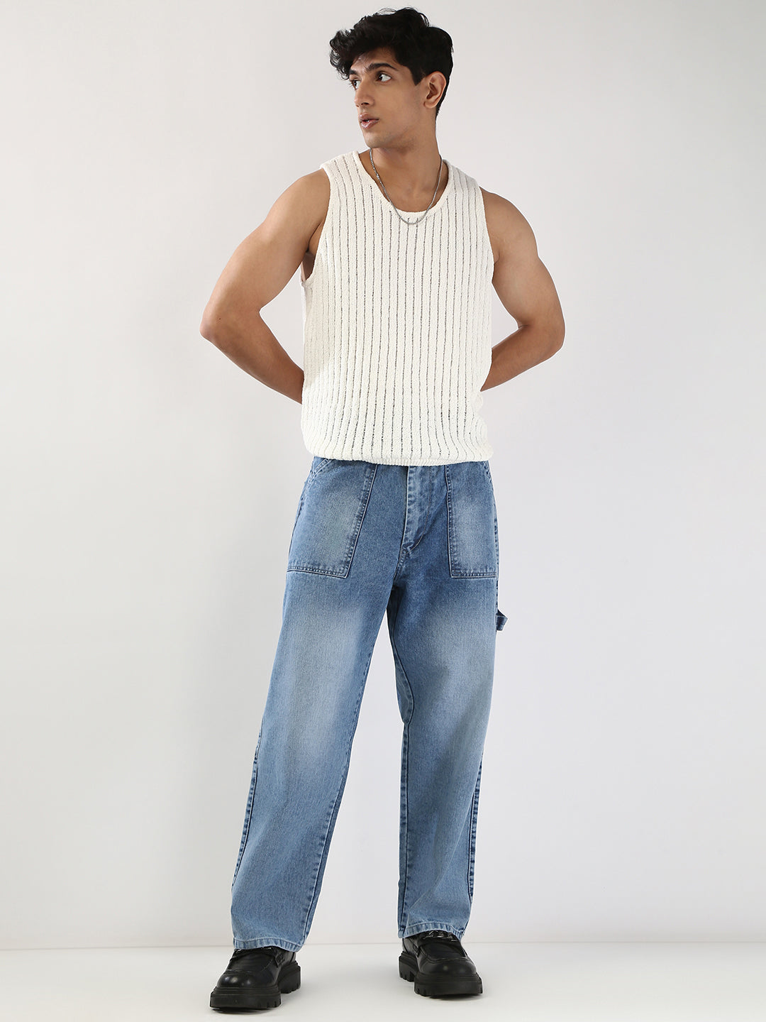 Men's Light Blue Loose Fit Cargo Carpenter Jeans With 6 Pockets Non-Stretchable