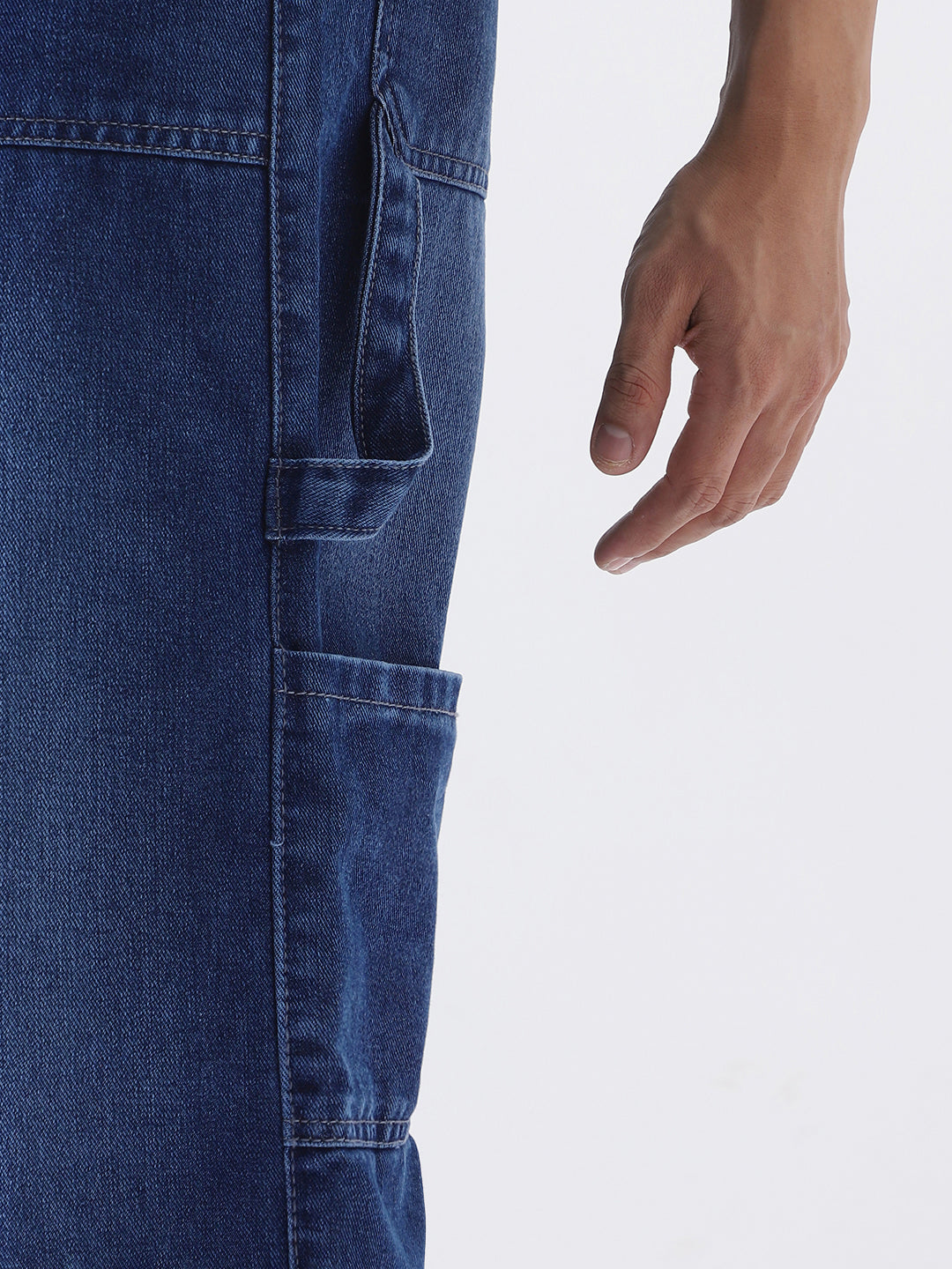 Men's Blue Loose Fit Cargo Carpenter Jeans With 6 Pockets Non-Stretchable