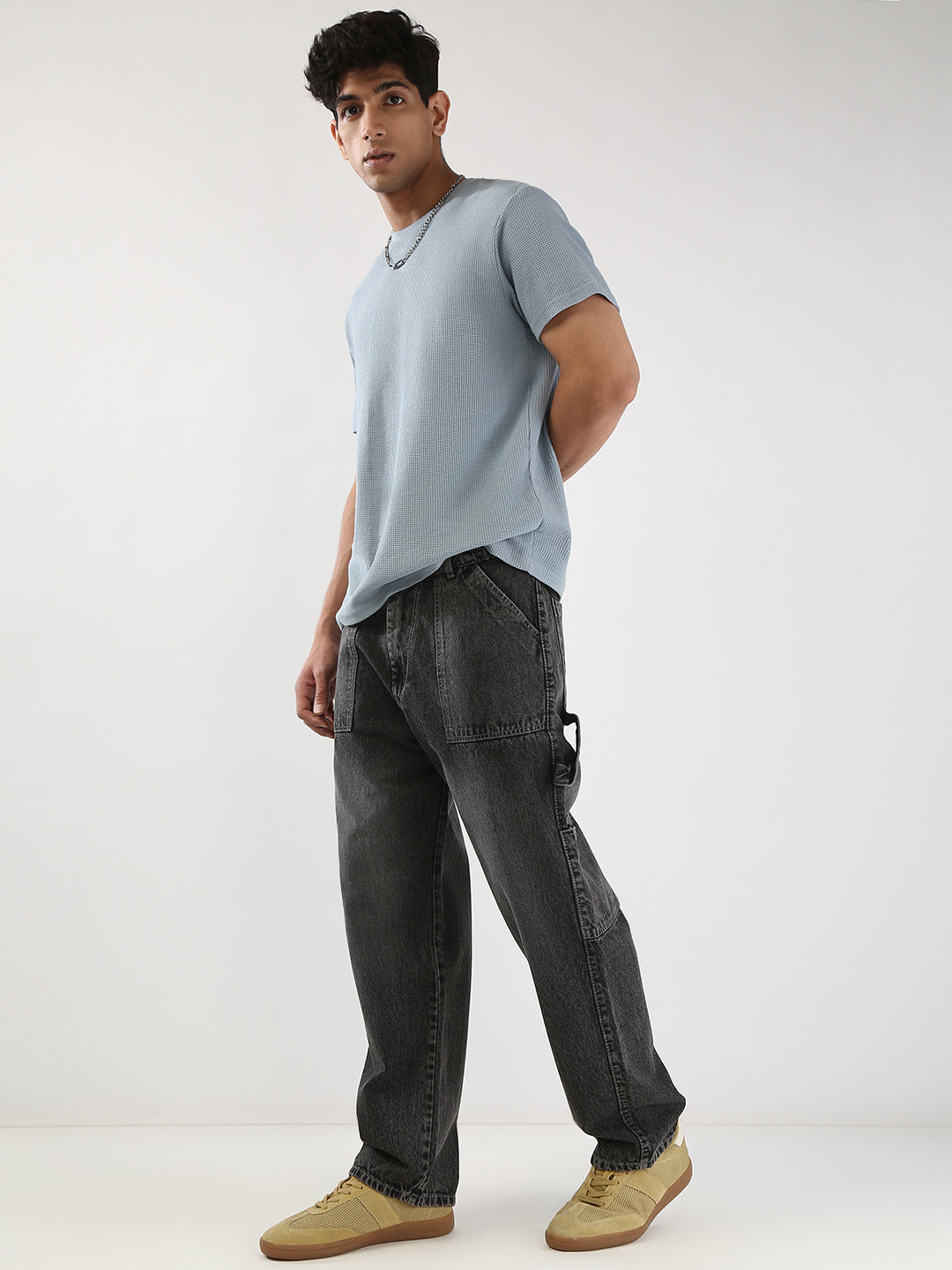 Men's Grey Loose Fit Cargo Carpenter Jeans With 6 Pockets Non-Stretchable