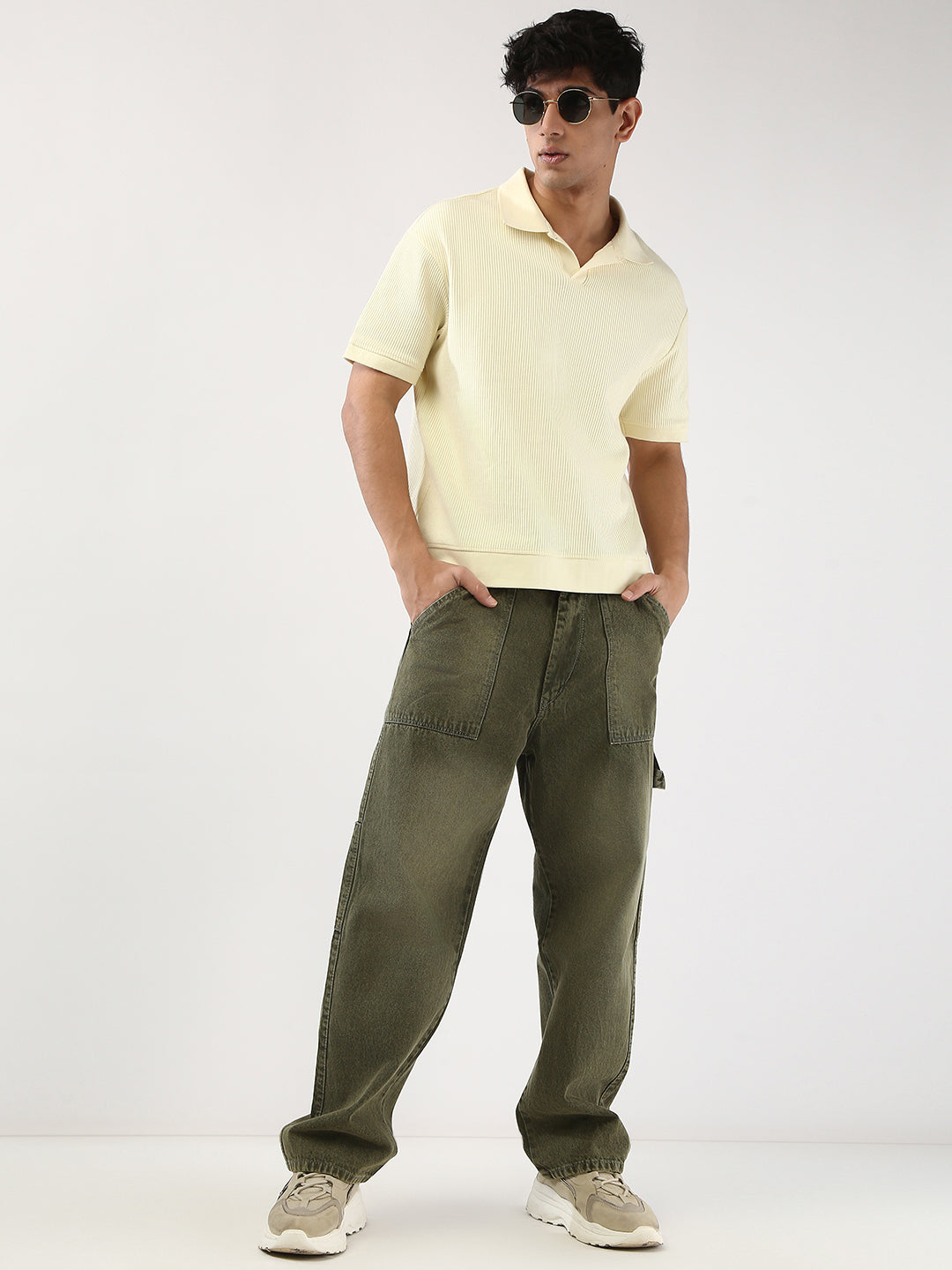 Men's Olive Loose Fit Cargo Carpenter Jeans With 6 Pockets Non-Stretchable