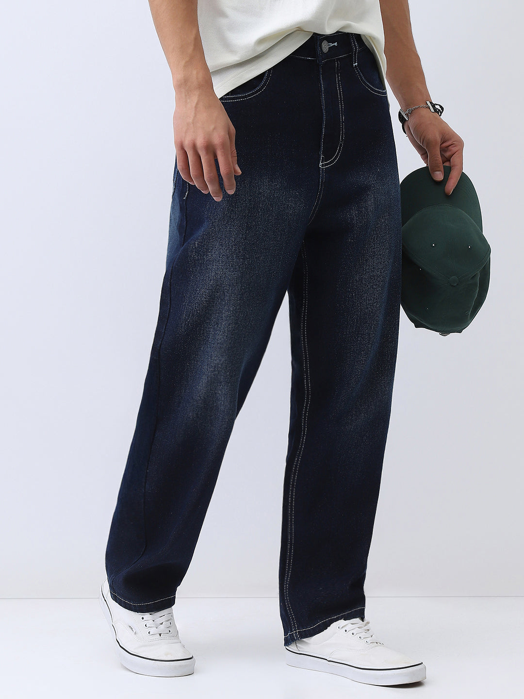 Men's Dark Blue Loose Baggy Fit Washed Jeans Non-Stretchable