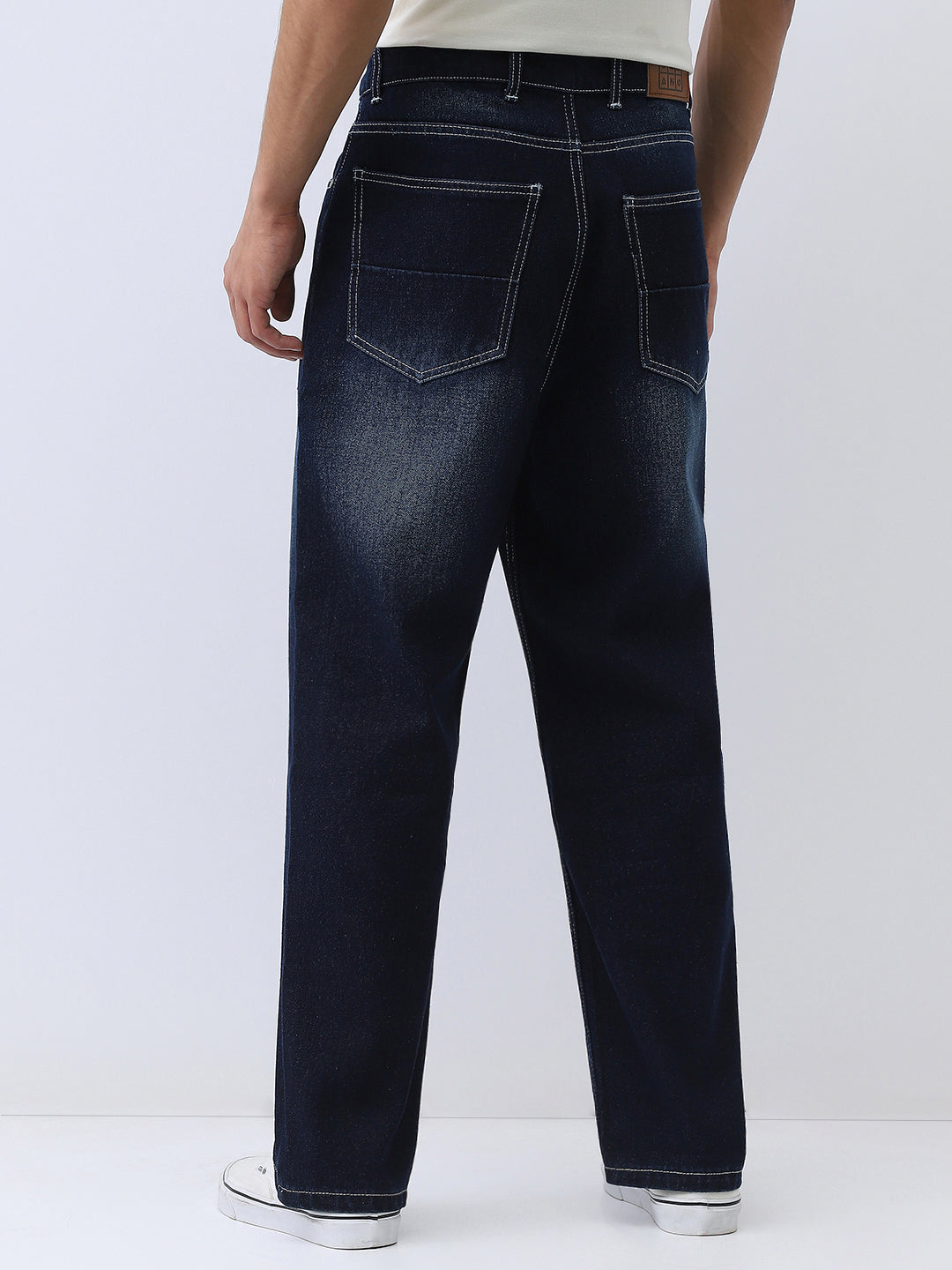 Men's Dark Blue Loose Baggy Fit Washed Jeans Non-Stretchable