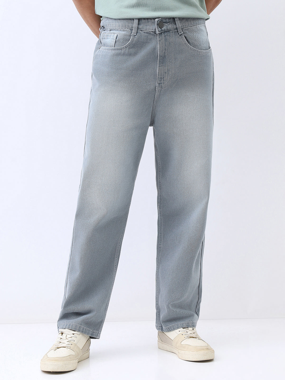 Men's Light Grey Loose Baggy Fit Washed Jeans Non-Stretchable