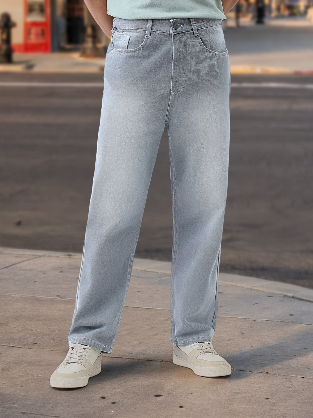 Men's Light Grey Loose Baggy Fit Washed Jeans Non-Stretchable