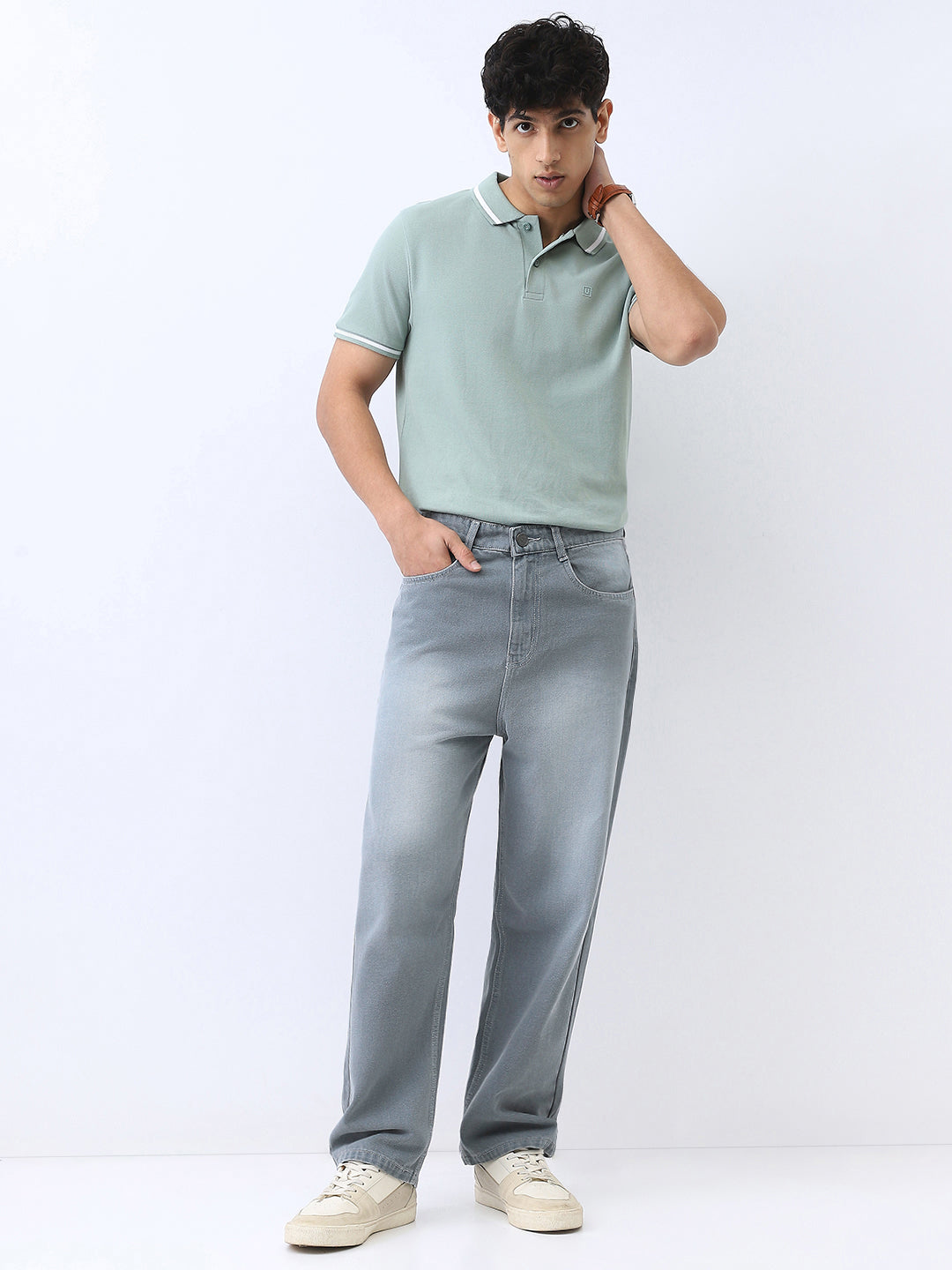 Men's Light Grey Loose Baggy Fit Washed Jeans Non-Stretchable