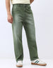 Men's Olive Loose Baggy Fit Washed Jeans Non-Stretchable