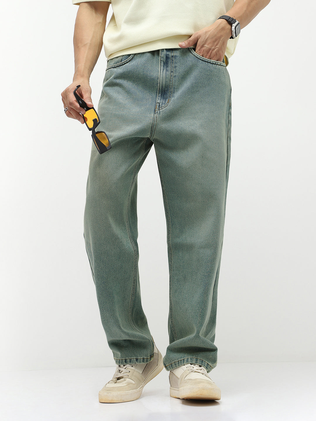 Men's Ice Blue Loose Baggy Fit Heavy Washed Jeans Non-Stretchable