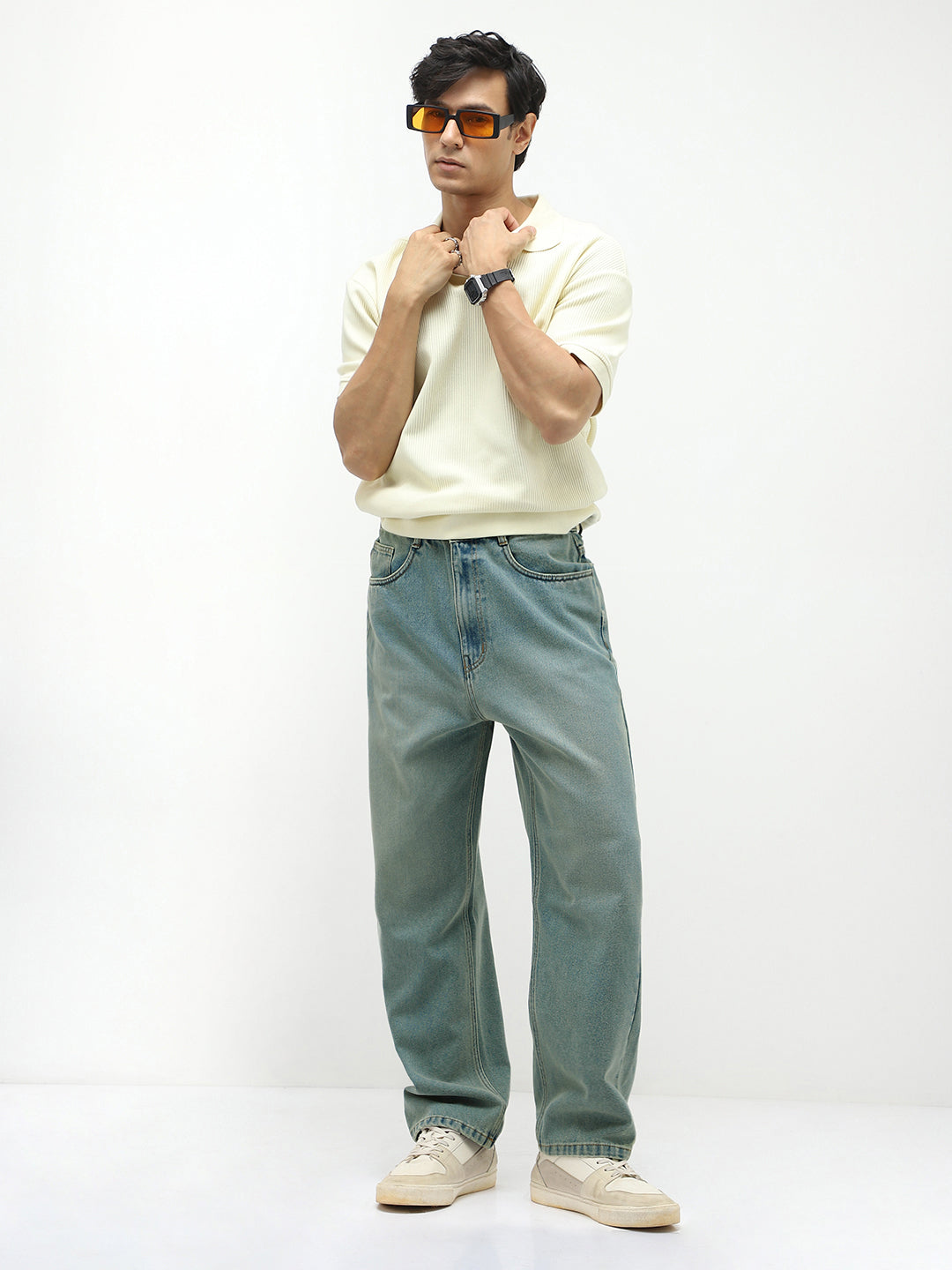 Men's Ice Blue Loose Baggy Fit Heavy Washed Jeans Non-Stretchable