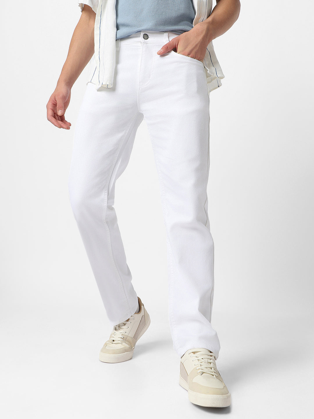 Men's White Regular Fit Washed Jeans Stretchable