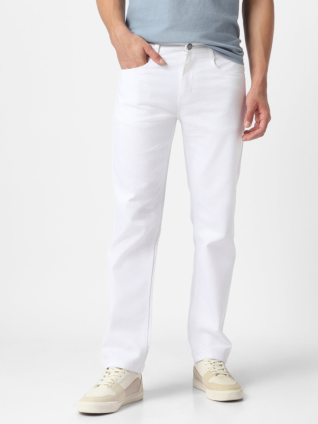 Men's White Regular Fit Washed Jeans Stretchable