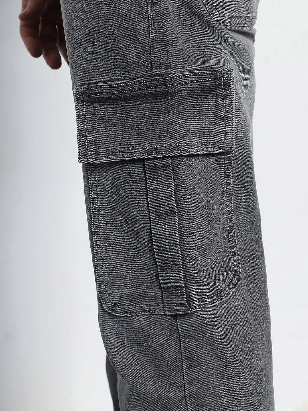 Men's Light Grey Regular Fit Washed Cargo Jeans With 6 Pockets Stretchable