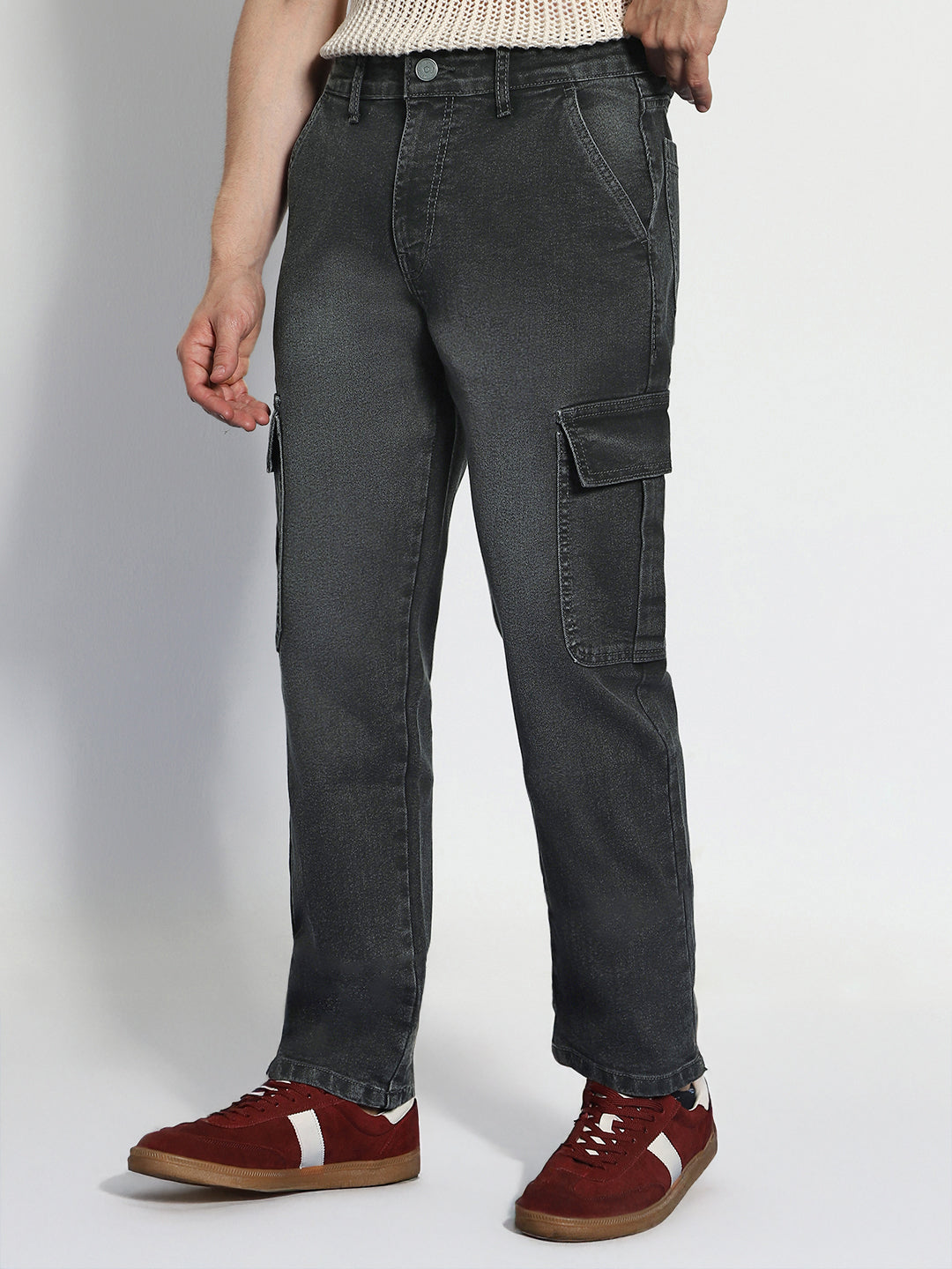 Men's Grey Regular Fit Washed Cargo Jeans With 6 Pockets Stretchable