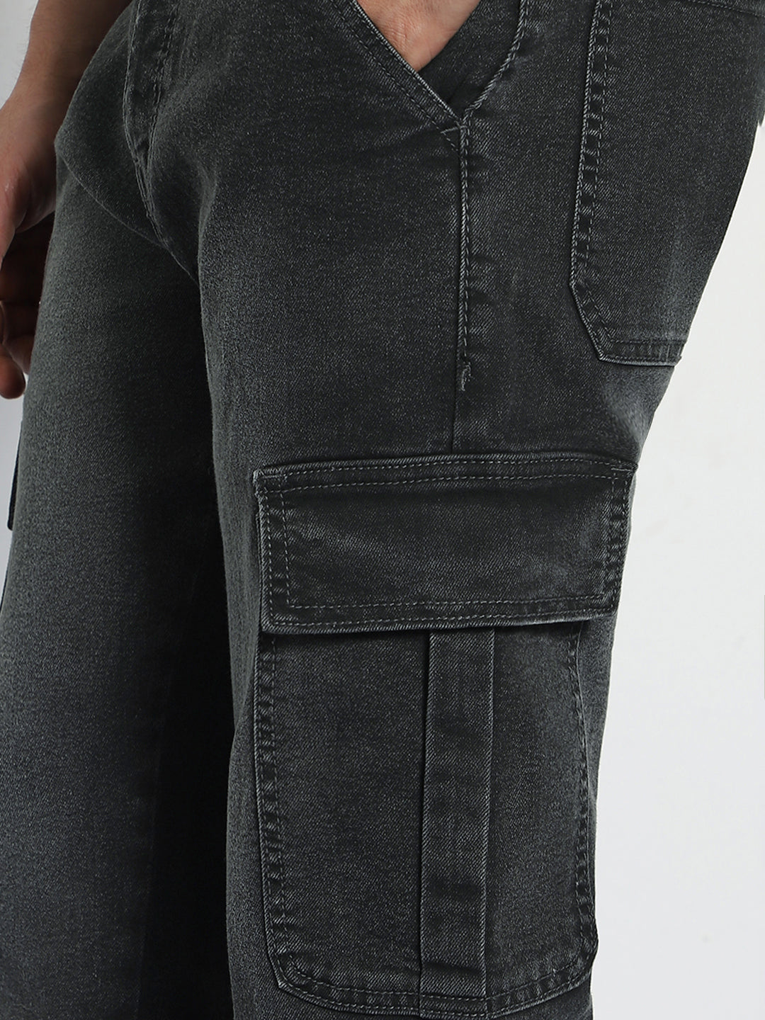 Men's Grey Regular Fit Washed Cargo Jeans With 6 Pockets Stretchable