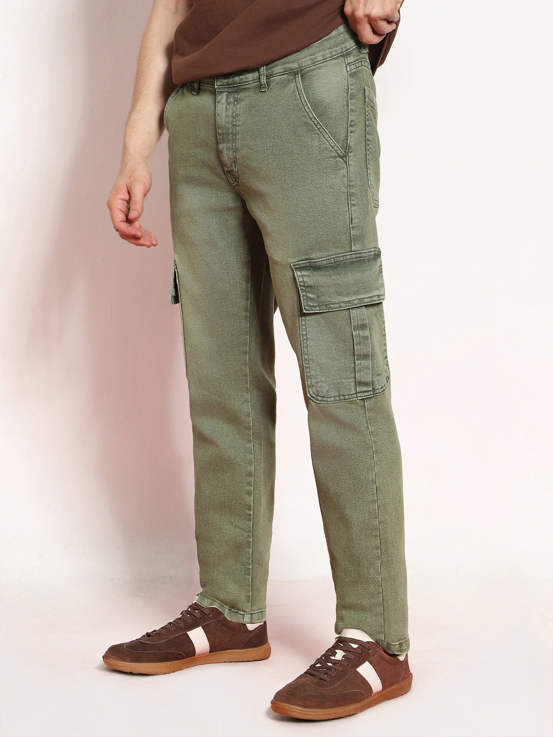 Men's Olive Green Regular Fit Washed Cargo Jeans With 6 Pockets Stretchable