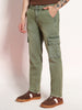 Men's Olive Green Regular Fit Washed Cargo Jeans With 6 Pockets Stretchable
