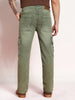Men's Olive Green Regular Fit Washed Cargo Jeans With 6 Pockets Stretchable