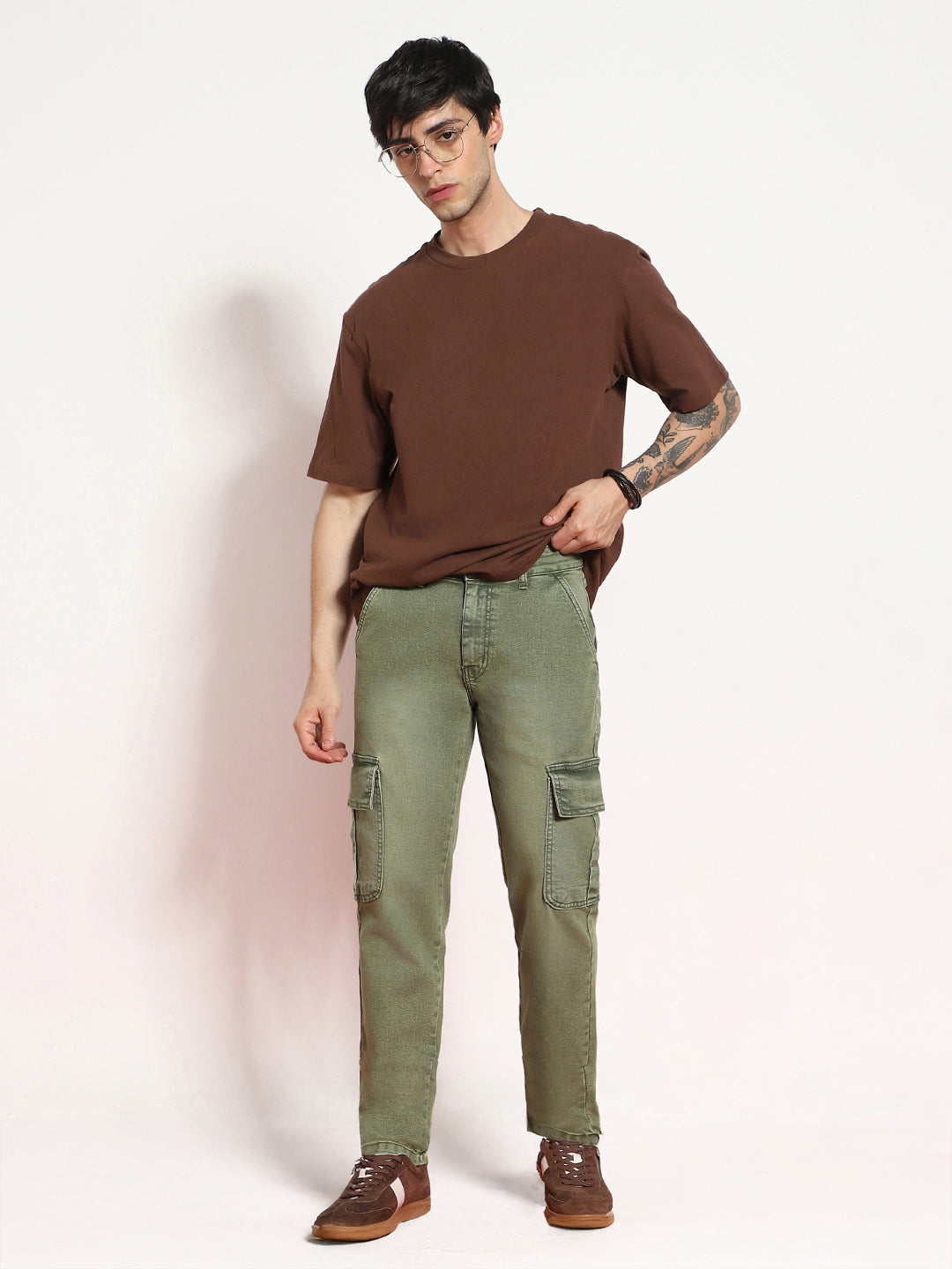 Men's Olive Green Regular Fit Washed Cargo Jeans With 6 Pockets Stretchable
