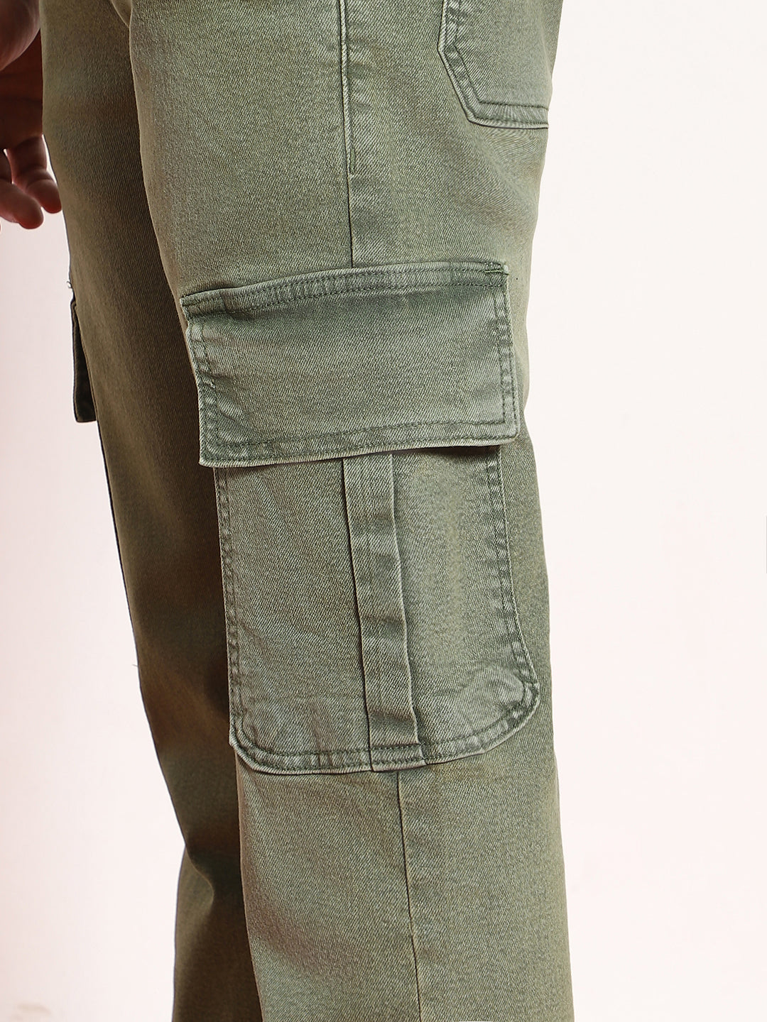 Men's Olive Green Regular Fit Washed Cargo Jeans With 6 Pockets Stretchable