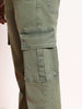Men's Olive Green Regular Fit Washed Cargo Jeans With 6 Pockets Stretchable