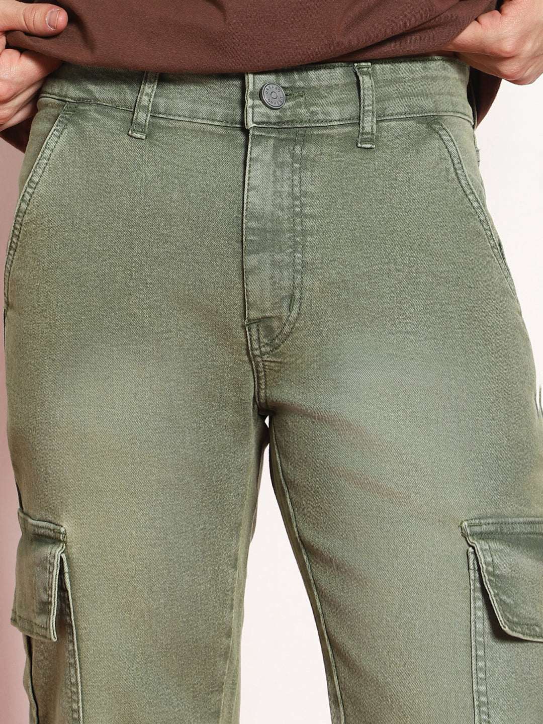 Men's Olive Green Regular Fit Washed Cargo Jeans With 6 Pockets Stretchable