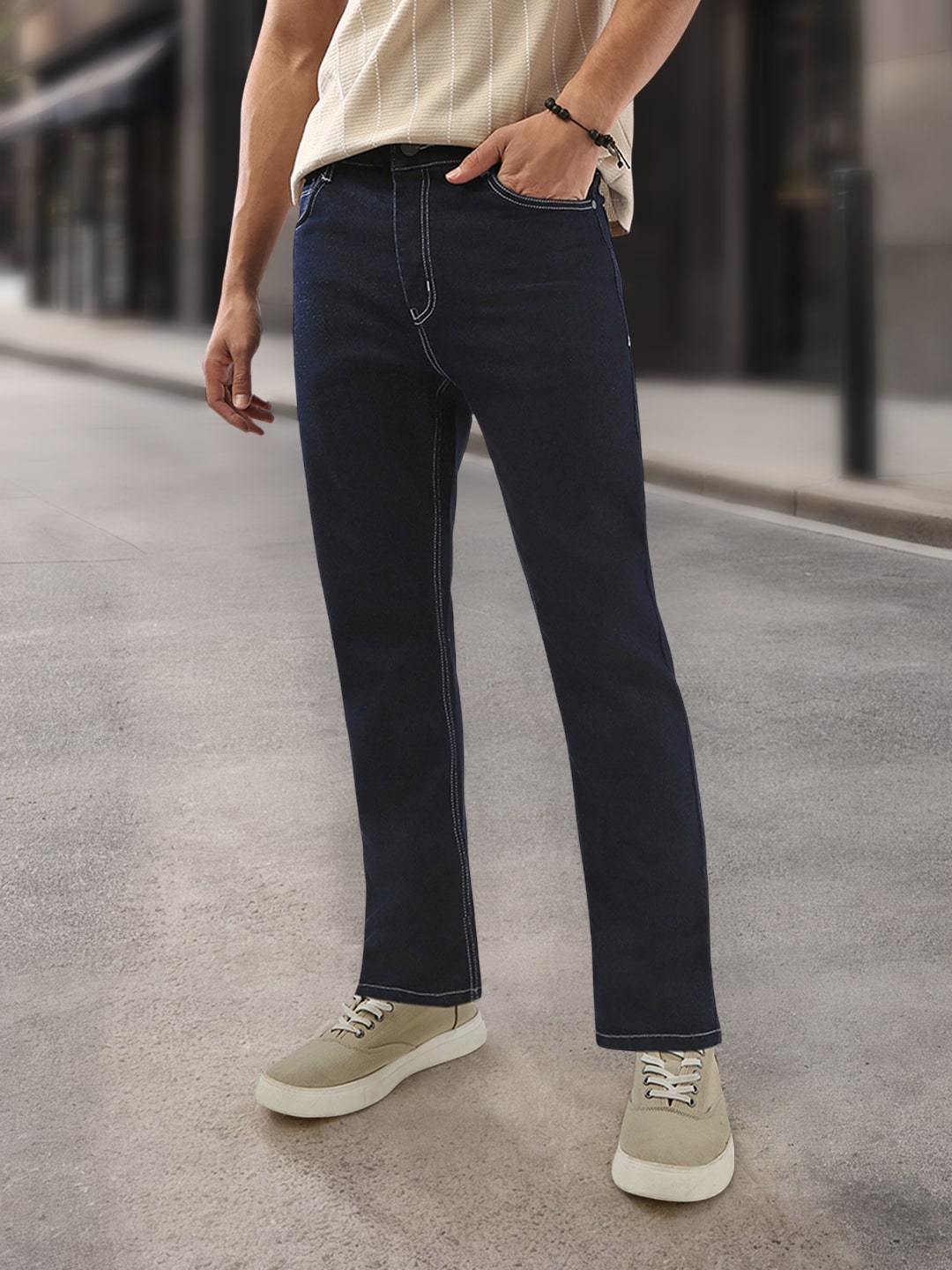 Men's Dark Blue Straight Fit Washed Jeans Stretchable