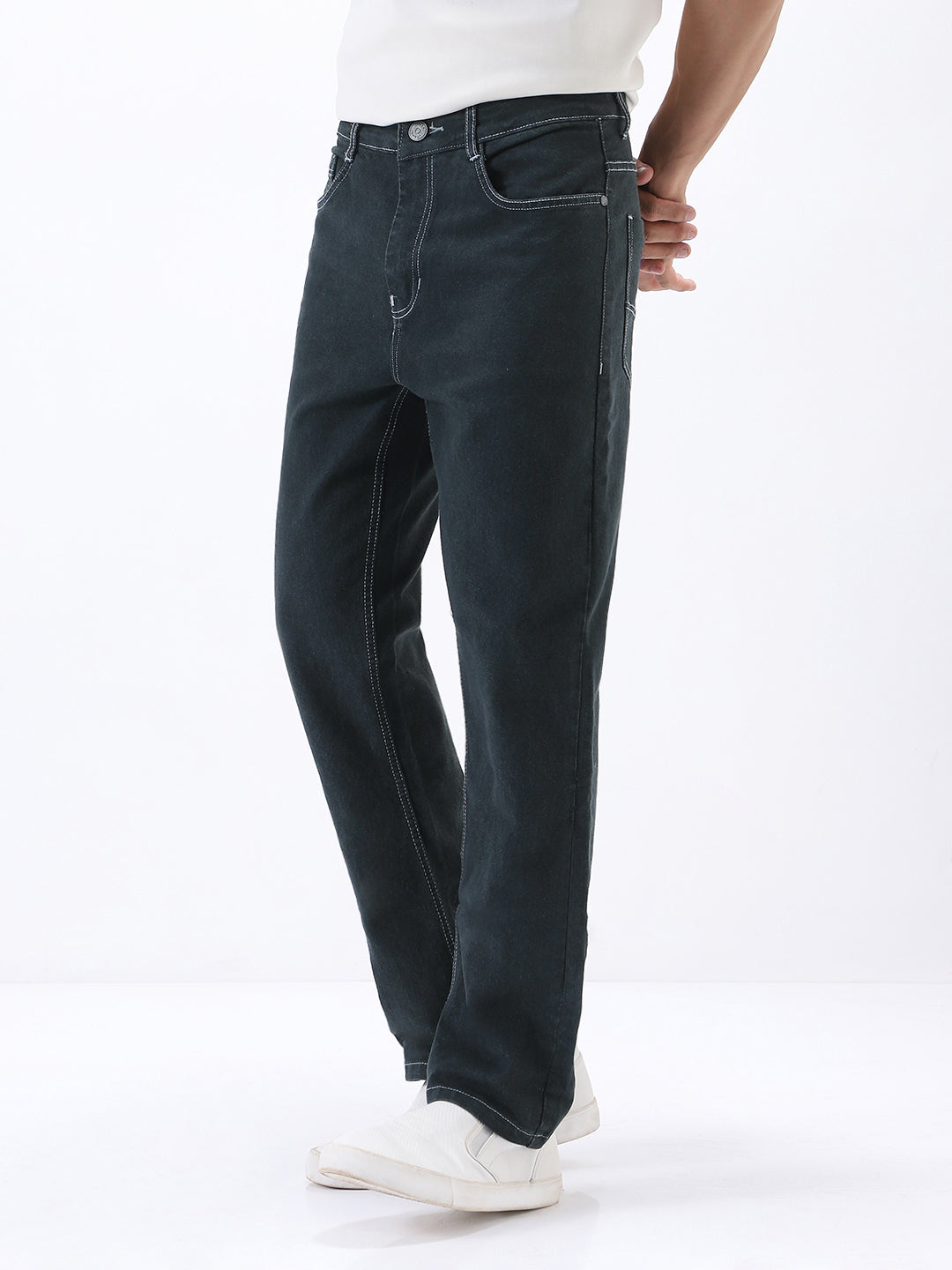 Men's Dark Grey Straight Fit Washed Jeans Stretchable