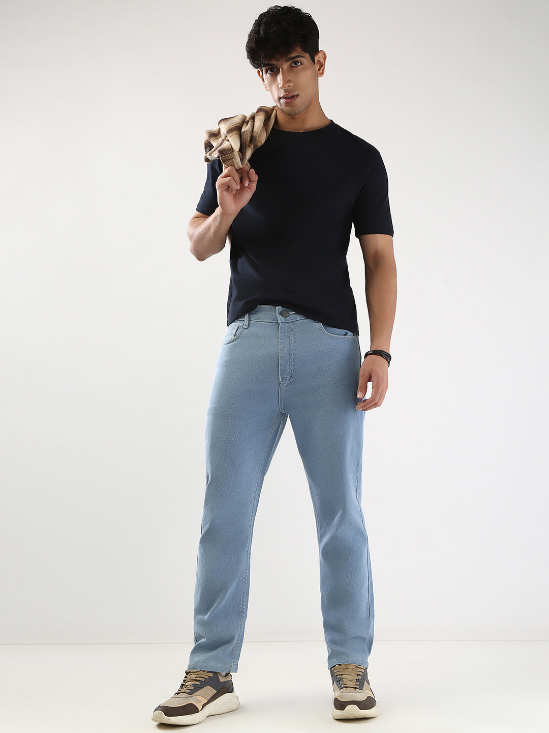 Men's Ice Blue Straight Fit Washed Jeans Stretchable