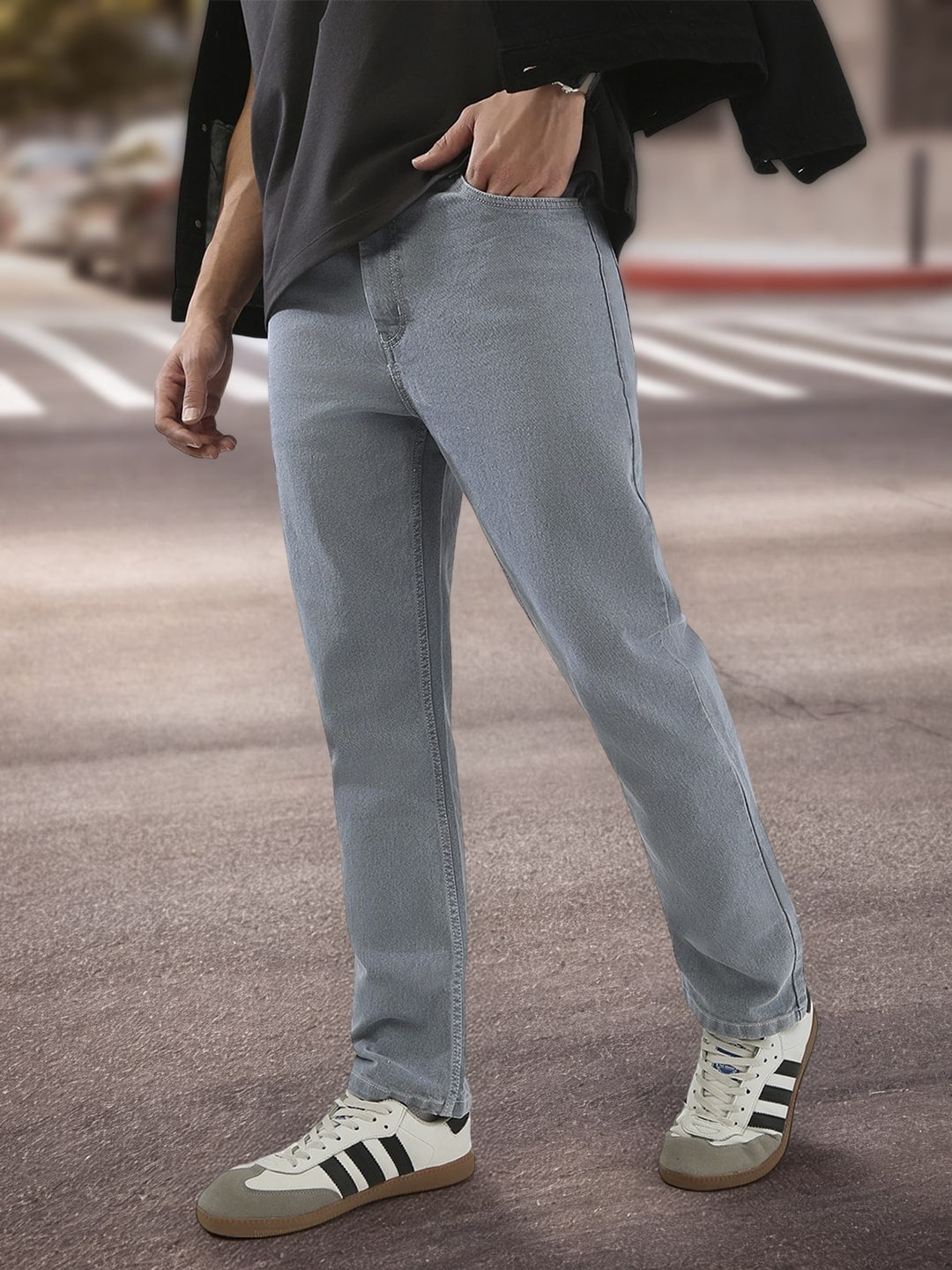 Men's Light Grey Straight Fit Washed Jeans Stretchable