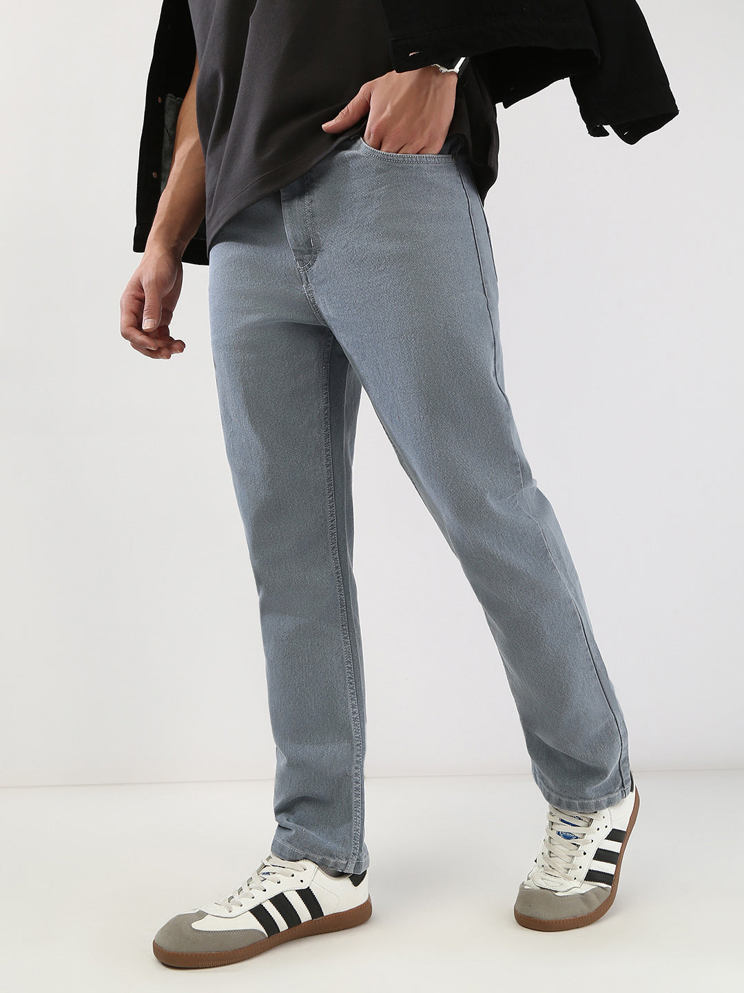 Men's Light Grey Straight Fit Washed Jeans Stretchable