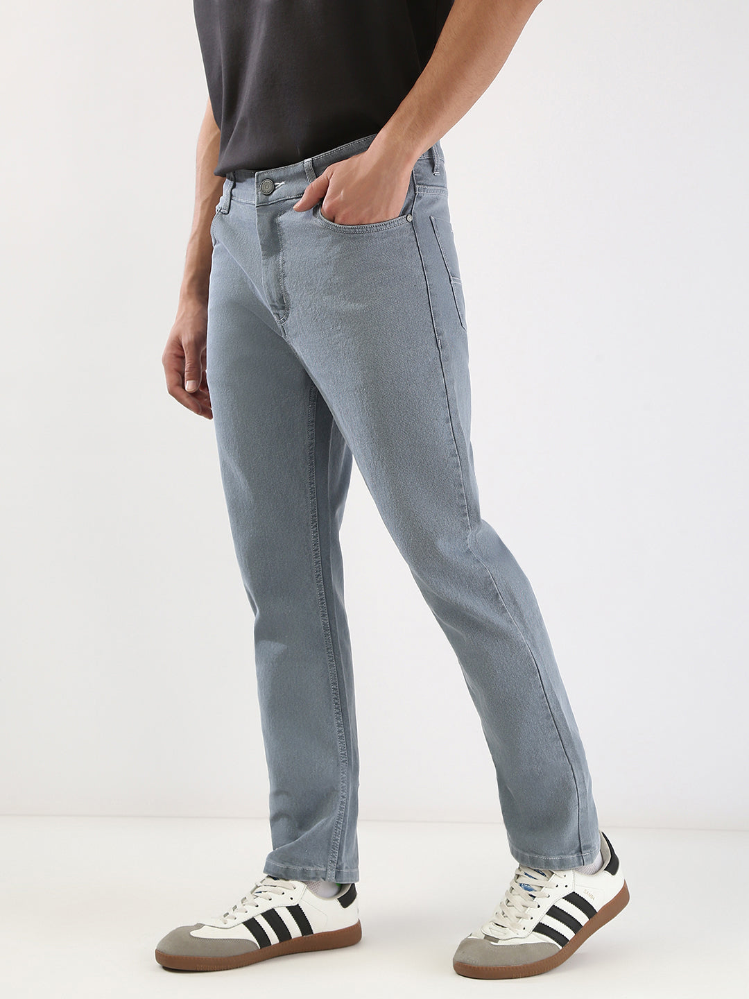 Men's Light Grey Straight Fit Washed Jeans Stretchable