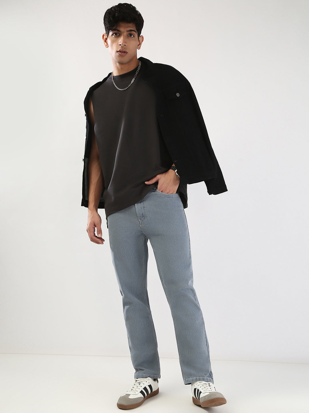 Men's Light Grey Straight Fit Washed Jeans Stretchable